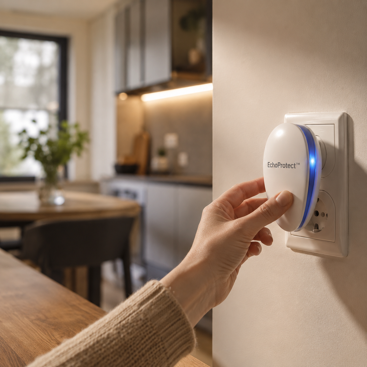 EchoProtect-Gerät mit blau leuchtender LED in der Steckdose